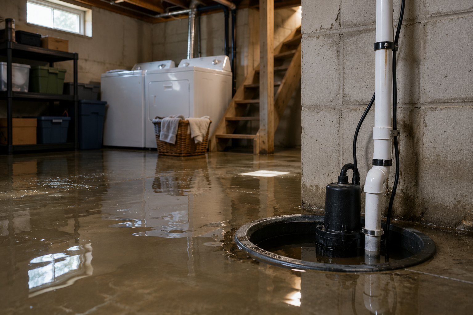 A flooded basement in a residential home following a sump pump failure
