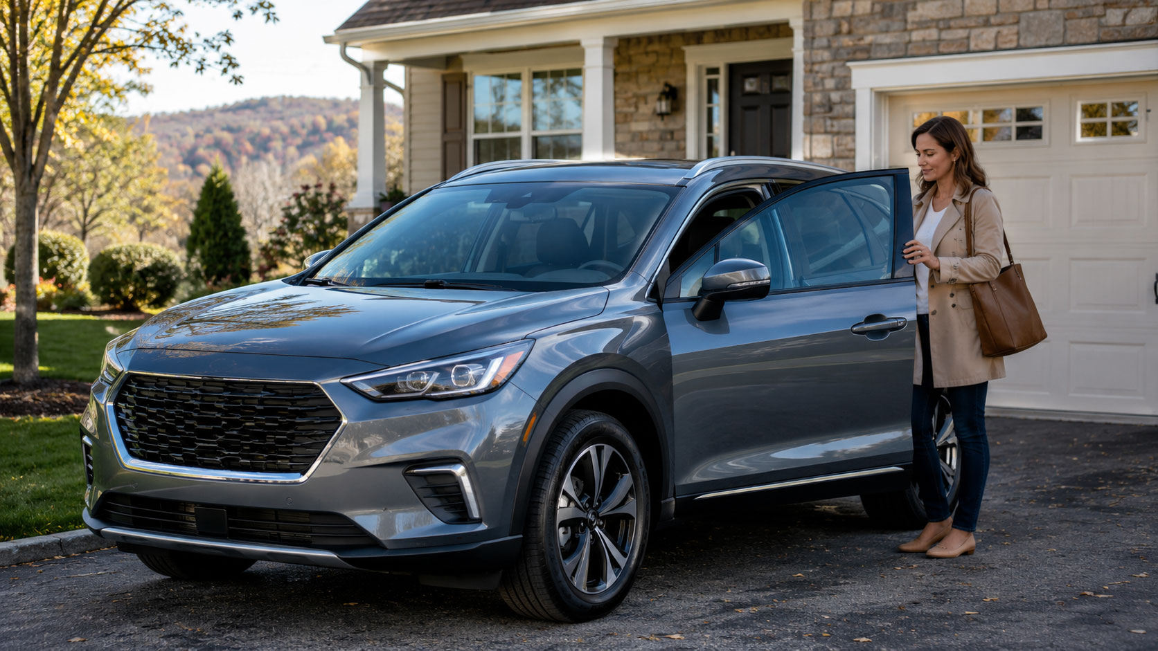 A woman wearing a beige coat stands beside the open driver’s door of a gray SUV parked in the driveway of a suburban home. The scene is set on a sunny autumn day, with colorful fall foliage, landscaped greenery, and rolling hills in the background.